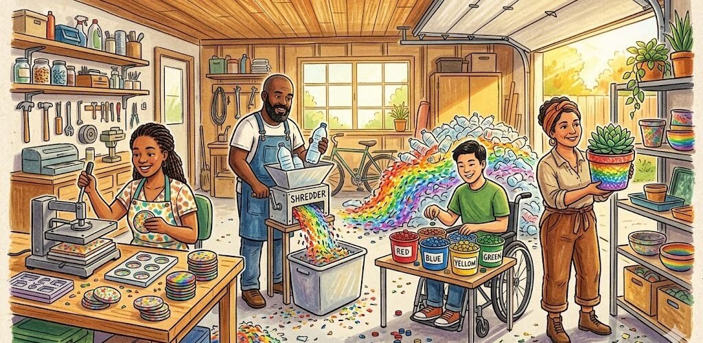 Diverse home entrepreneurs starting plastic recycling business ideas by shredding waste bottles into products in 2026