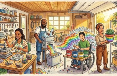 Diverse home entrepreneurs starting plastic recycling business ideas by shredding waste bottles into products in 2026