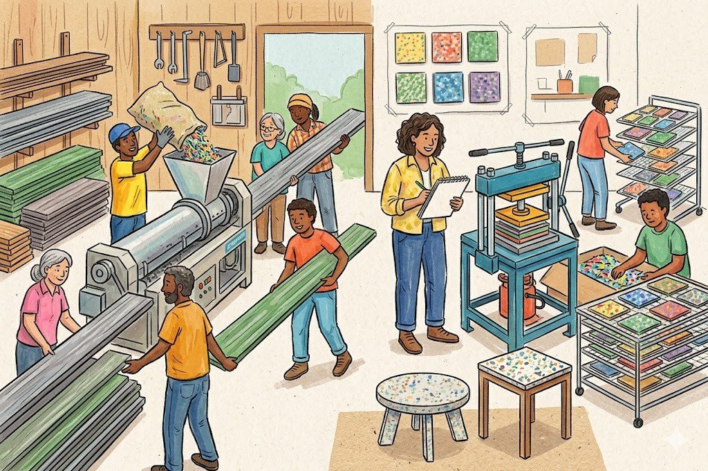 Home-based recycled plastic micro-factory producing lumber, tiles, and furniture from shredded waste plastic