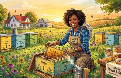 Rural female beekeeper Sarah checking hives in Iowa field - starting a honey business with $500 investment File