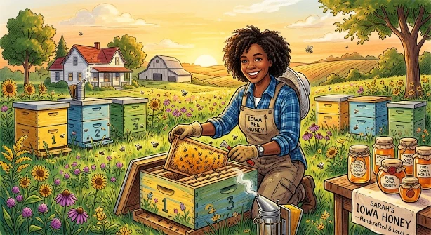 Rural female beekeeper Sarah checking hives in Iowa field - starting a honey business with $500 investment File