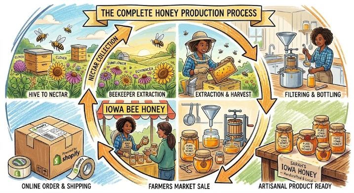 Complete honey business workflow from beehive to market - rural entrepreneurship infographic