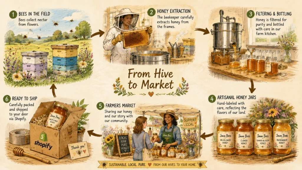 From hive to market: The complete honey production workflow that Sarah mastered in her first year.