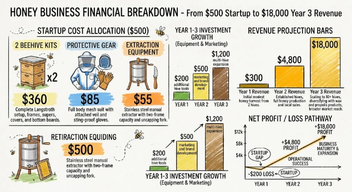 Honey business financial breakdown - $500 startup cost to $18,000 Year 3 revenue
