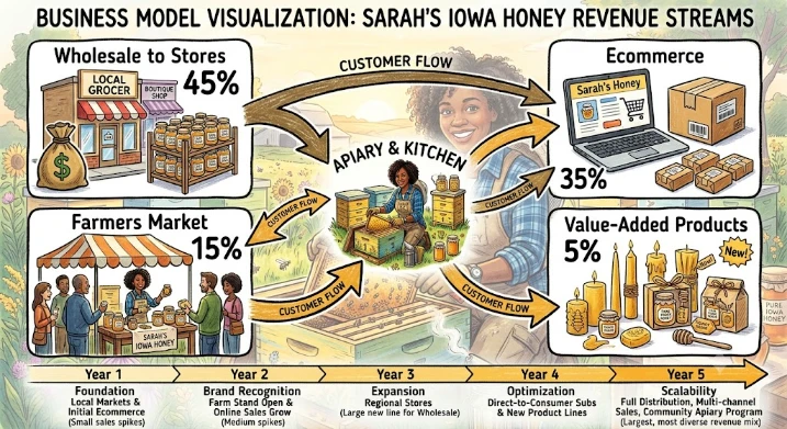 Honey business revenue streams visualization - wholesale, ecommerce, farmers markets, value-added products