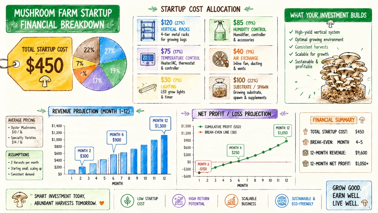 Mushroom business financial breakdown - $450 startup to $1,300 monthly revenue in 12 months