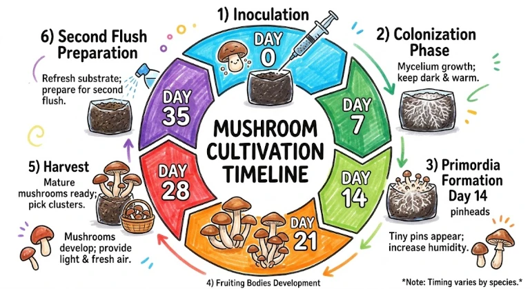 Mushroom cultivation timeline from inoculation to harvest - 3-4 week cycle for oyster mushrooms