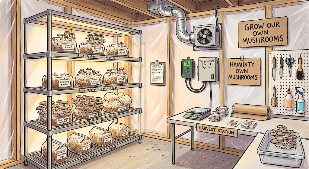 Complete basement mushroom farming setup with vertical racks, humidity control, and harvesting station